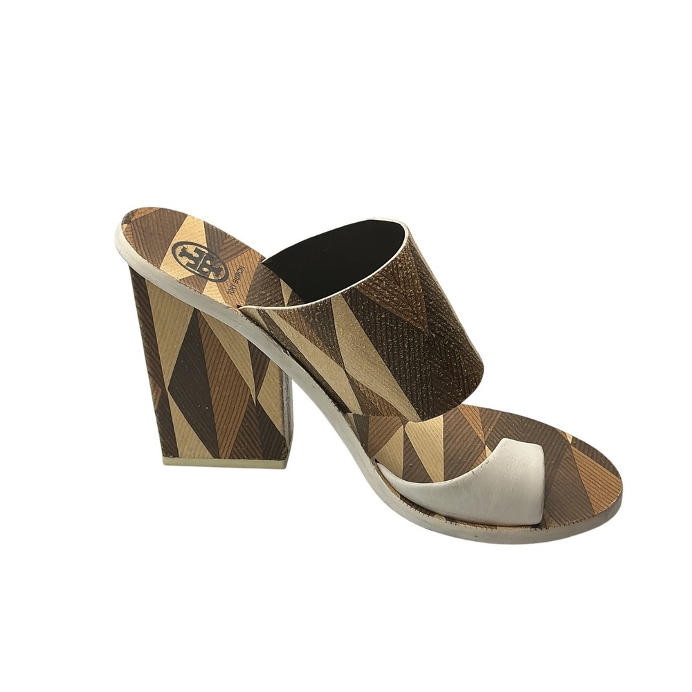 Tory Burch Geometric Marquetry Block Heel Sandals Brown White Leather 7.5M - Picture 5 of 10